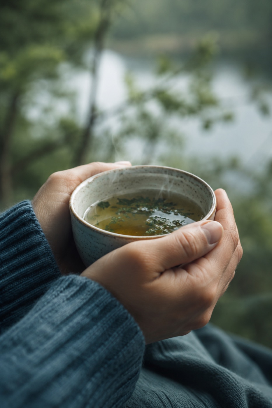 Hände mit einer Tasse Tee in der Natur