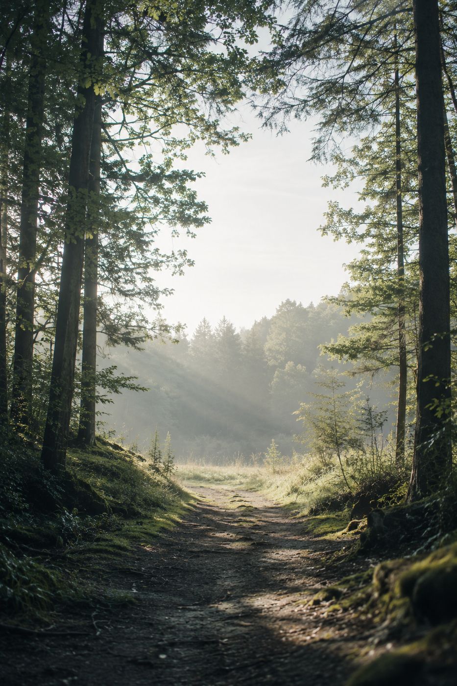Sonniger Waldweg, der sich öffnet
