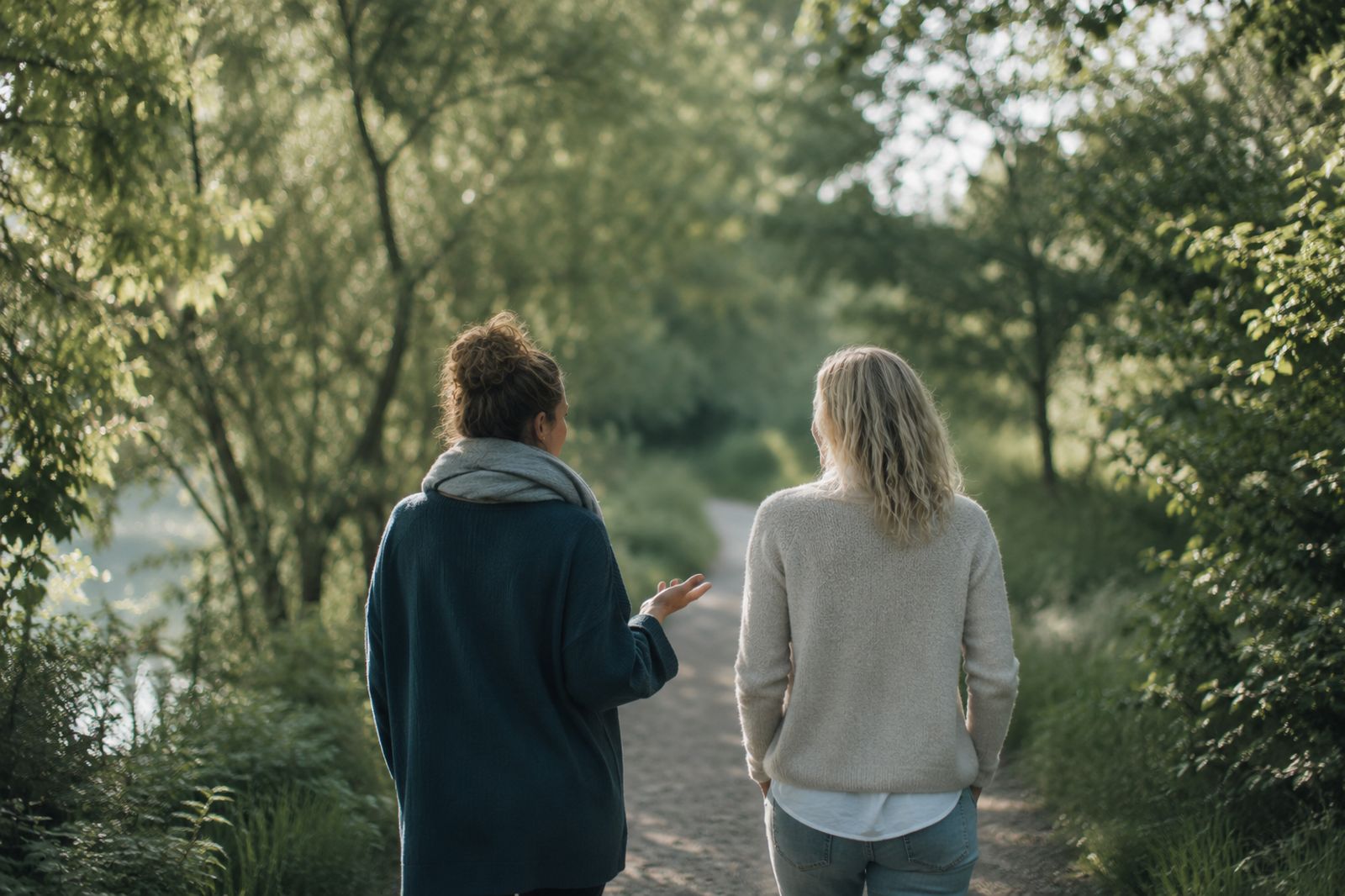 Zwei Menschen im Gespräch auf einem Naturweg