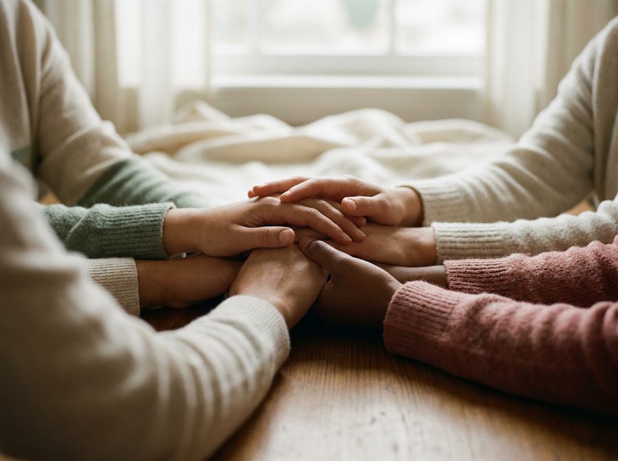 Hände verschiedener Menschen liegen unterstützend übereinander