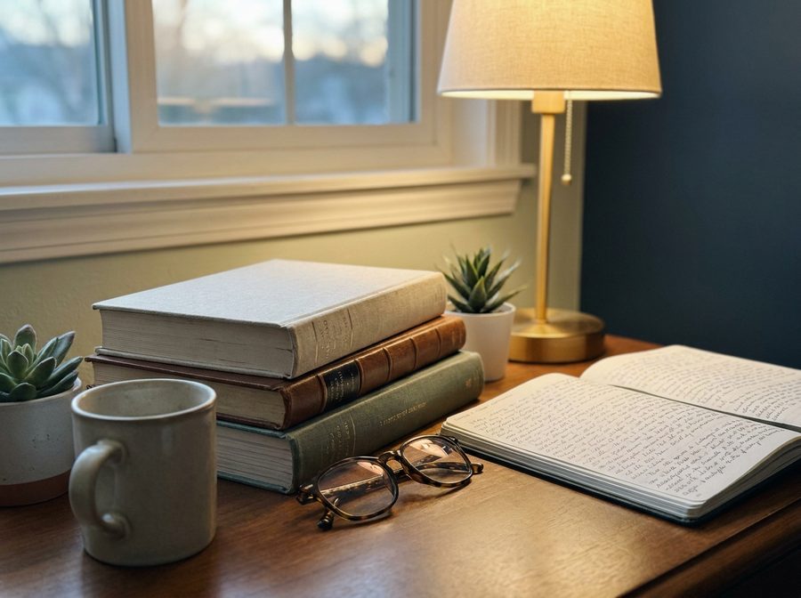 Bücher, Notizen und eine Leselampe auf einem warmen Holztisch